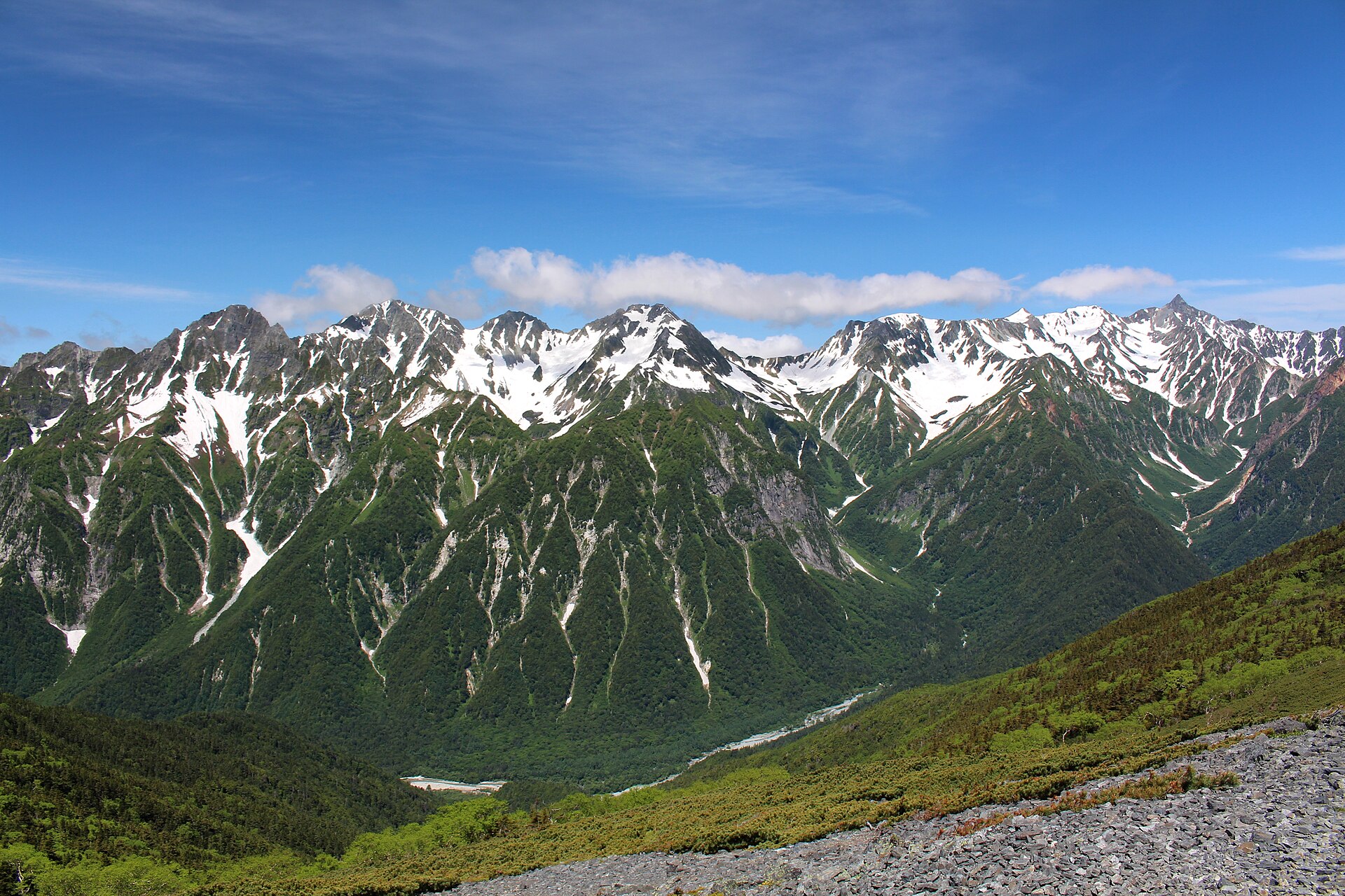 蝶ヶ岳から見た穂高連峰と槍ヶ岳（残雪の夏）