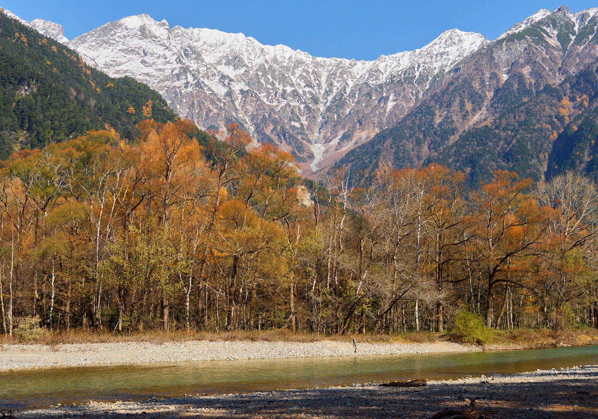 上高地・梓川と冠雪の穂高連峰（晩秋）